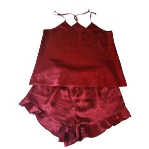 Pajama Set 2 Piece V Neck Cami Top Ruffle Shorts Wine Red Small